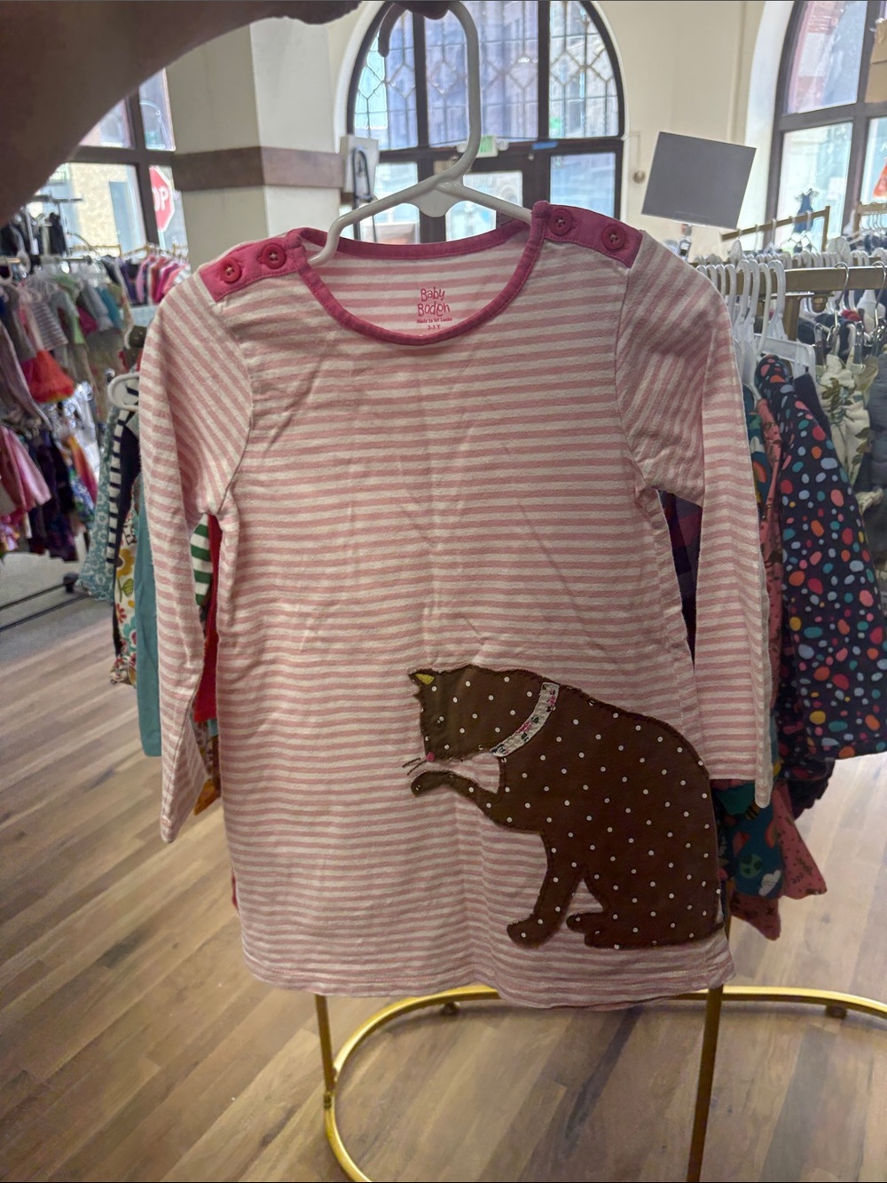 Baby Boden Pink and White Striped Long-Sleeve Top with Brown Cat Appliqué